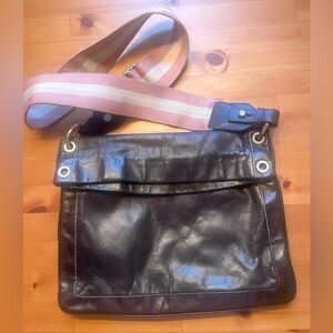 Bally Brown Leather Bag w/Rare Pink & Ivory Canvas Strap 10" x 13" Vintage